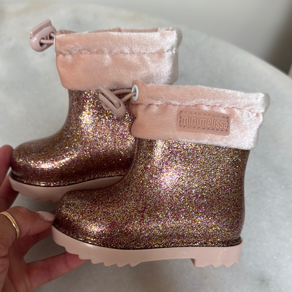 Mini Melissa Pink and Gold Glitter Rain Boots